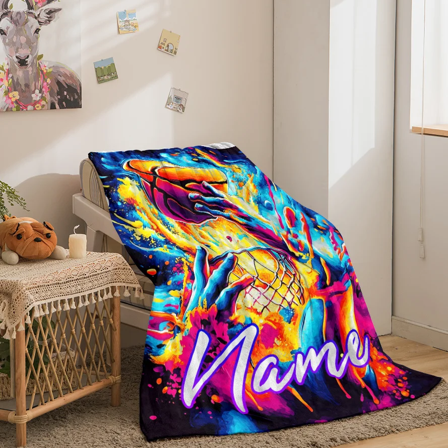 Custom name colourful basketball fleece blanket, suitable for sofa, bed, birthday, children, boys, friends, gifts