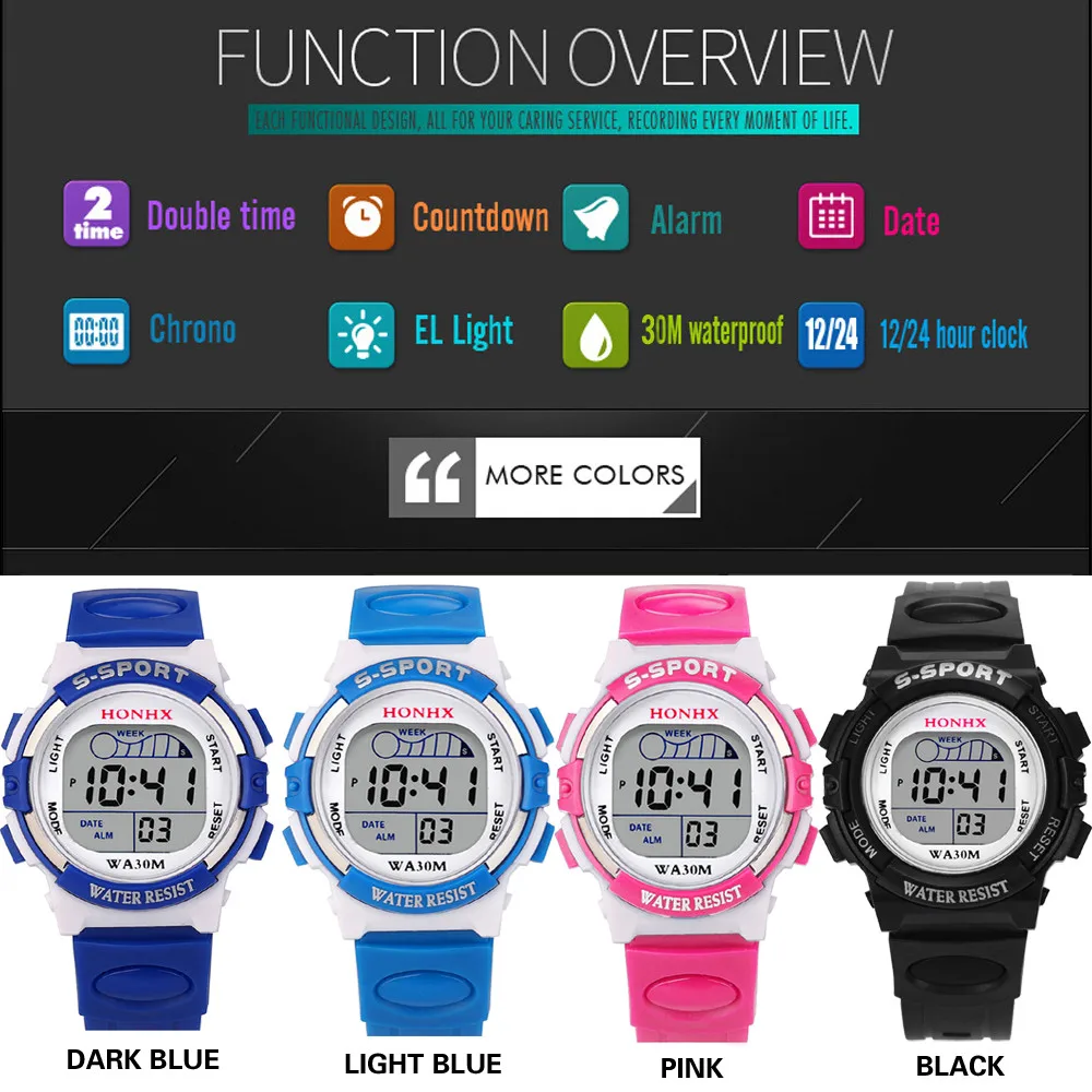 Montres de sport électroniques pour enfants, couleur lumineuse, cadran LED, étanche, réveil multifonction, pour garçons et filles