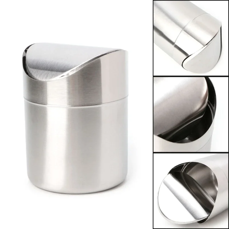 Stainless Steel Desk Trash Bin Countertop Waste Can With Swing Lid 1.5 L Mini DustBin