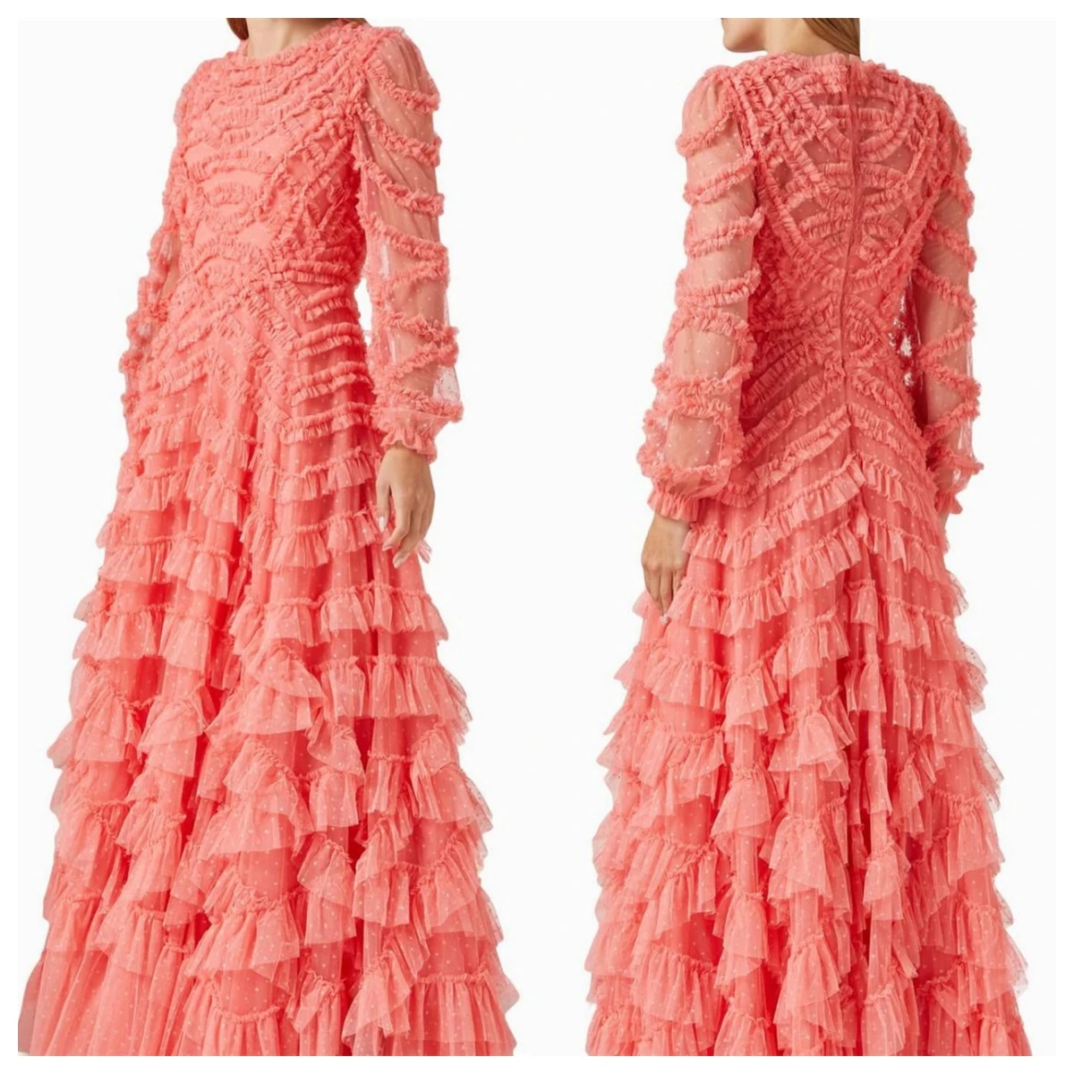 

Customized Temperament Pink Tulle Evening Dress O-Neck Long Sleeves Bespoke Occasion Gowns Celebrity Gowns Zipper Back Soft