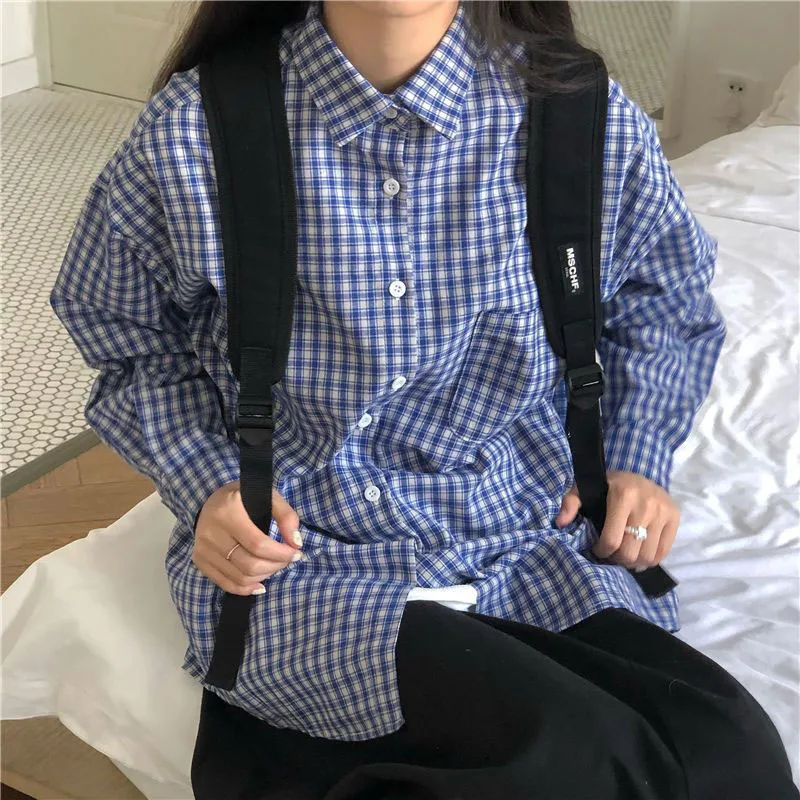 Lucyever Vintage Gingham Shirt Women Long Sleeve Button-Down Students Plaid Shirts 2025 New Trendy Unisex Couple Loose Blouse