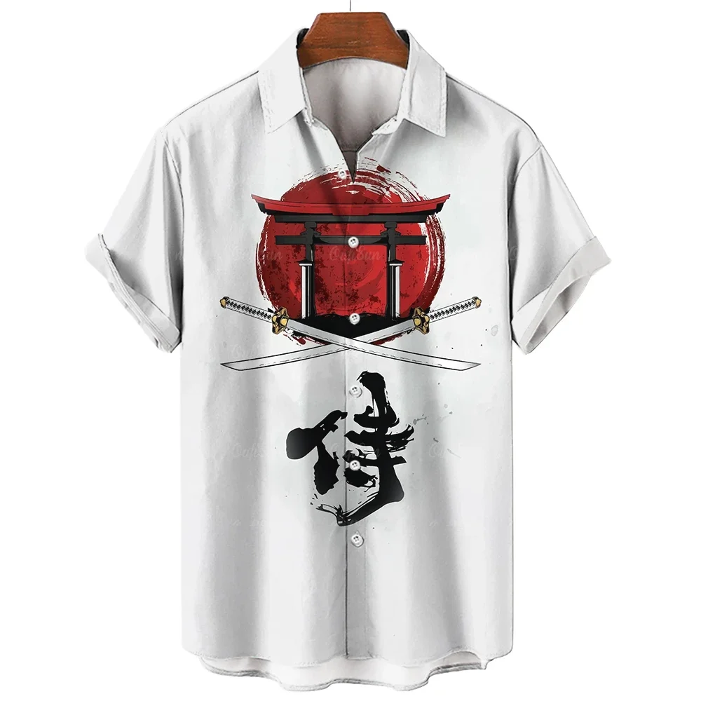 Camisa havaiana extragrande masculina, cardigã de manga curta, top estampado 3D, estampa samurai japonesa, moda casual, verão