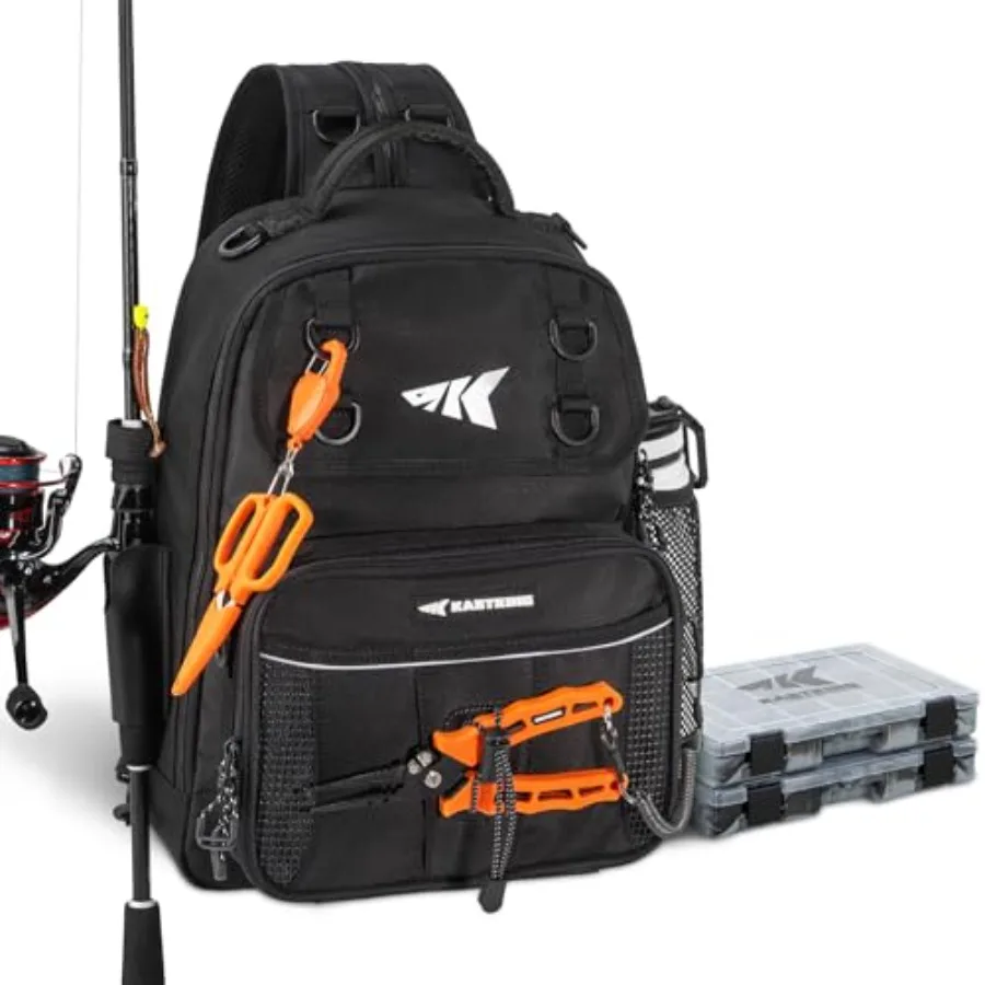 

KastKing BaitSpace Fishing Sling Bag Backpack with Rod Beverage Holder Durable Polyester Tackle Bag in Black with Multi-Compart