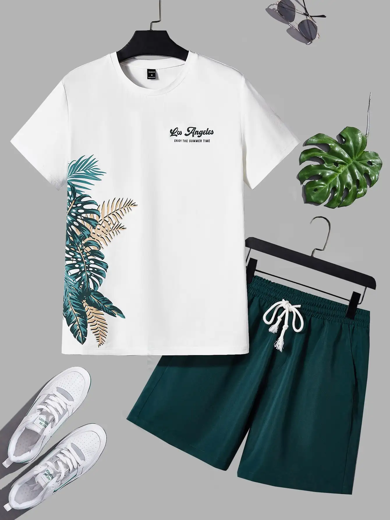 Modetrend Heren Kokospalm Tropisch Plantenpatroon Korte Mouwen Set Zomercomfort Outdoor Streetwear