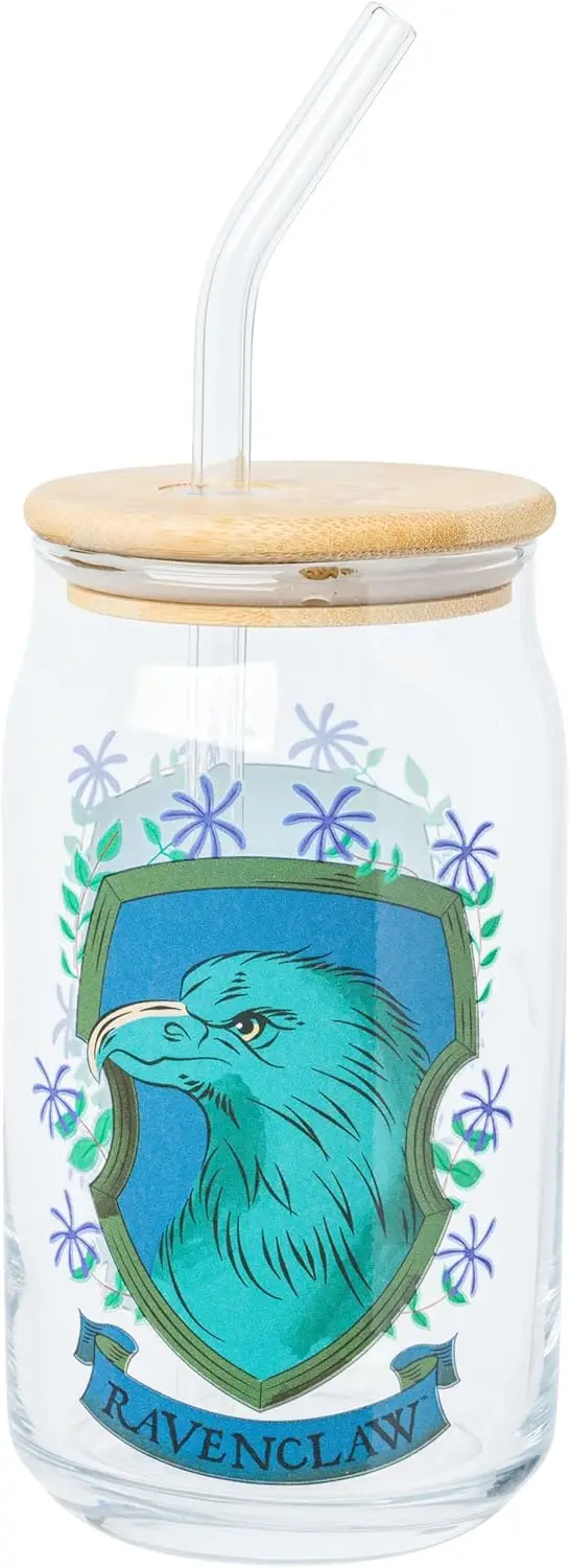 Harry Potter Hogwarts Ravenclaw House Crest Vaso de vidrio con tapa de bambú y pajita de vidrio, 16 onzas