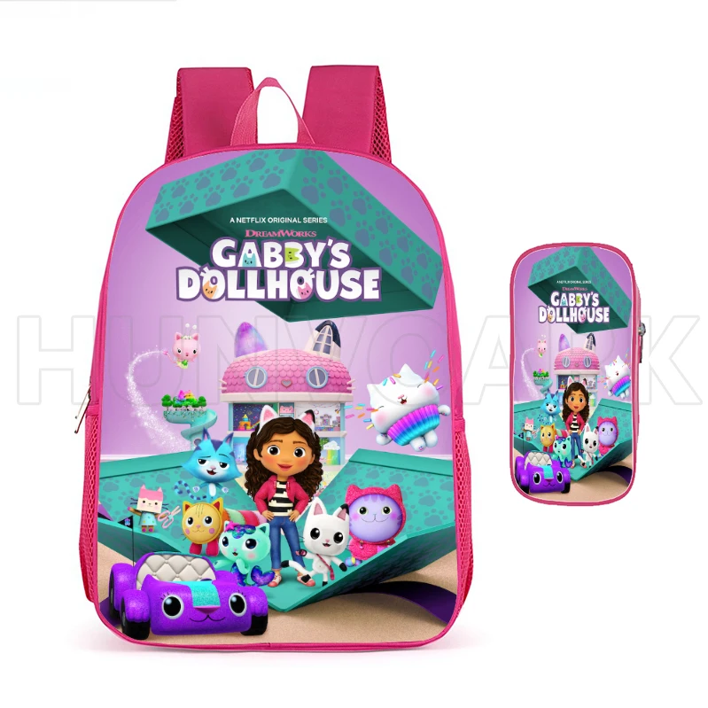 Mochila Pink Lovely Gabby\'s Doll House, pequena bolsa de escola princesa para crianças, sacos de livros para meninas, 12 \