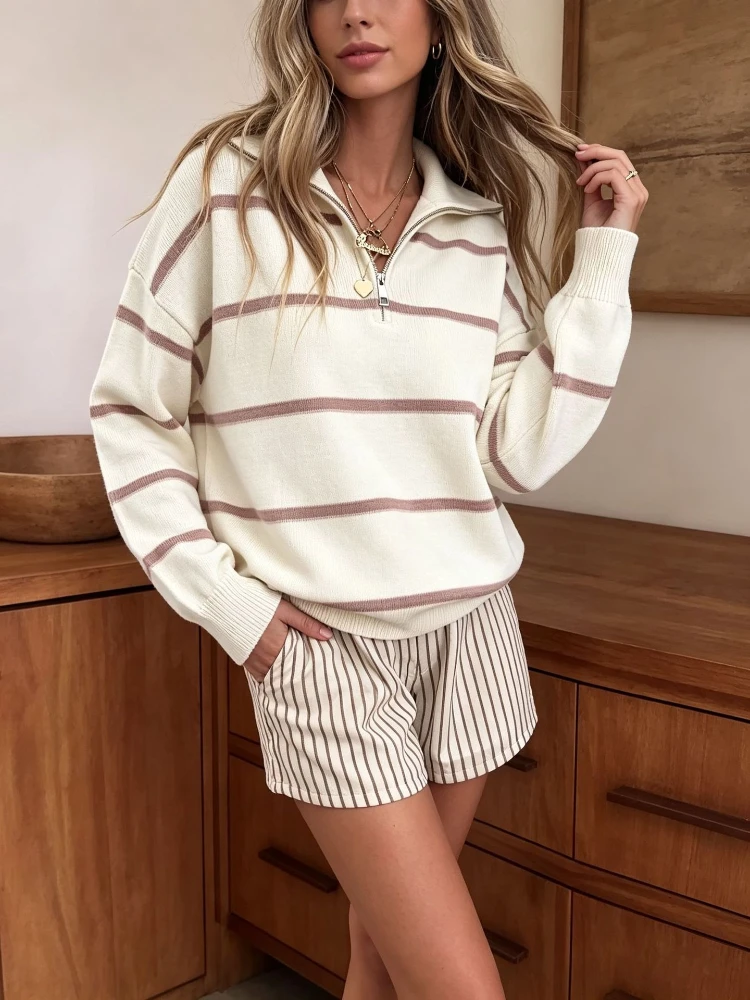 Autumn Winter New Striped Zipper Sweater Women's Loose Fitting Pullover Long Sleeved Knitted Sweater Fashionable Casual Top