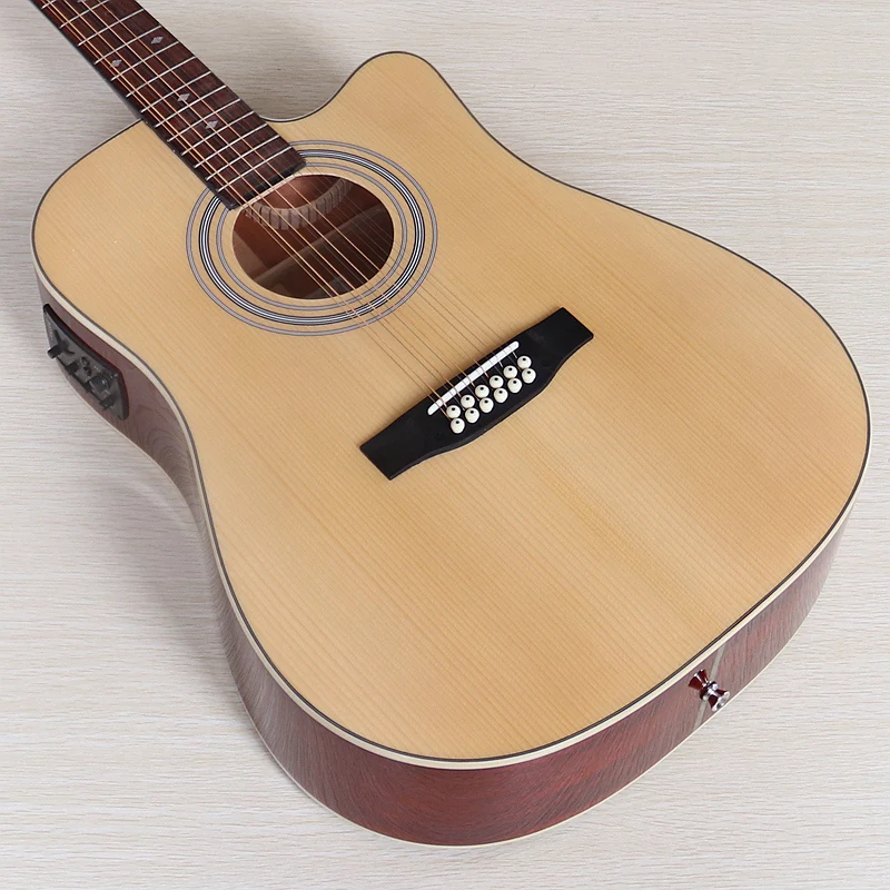 12 Strings Electric Acoustic Guitar with EQ Spruce Top Sapele Body Cutaway Design High Glossy 41 Inch Folk Guitar Natural&Black