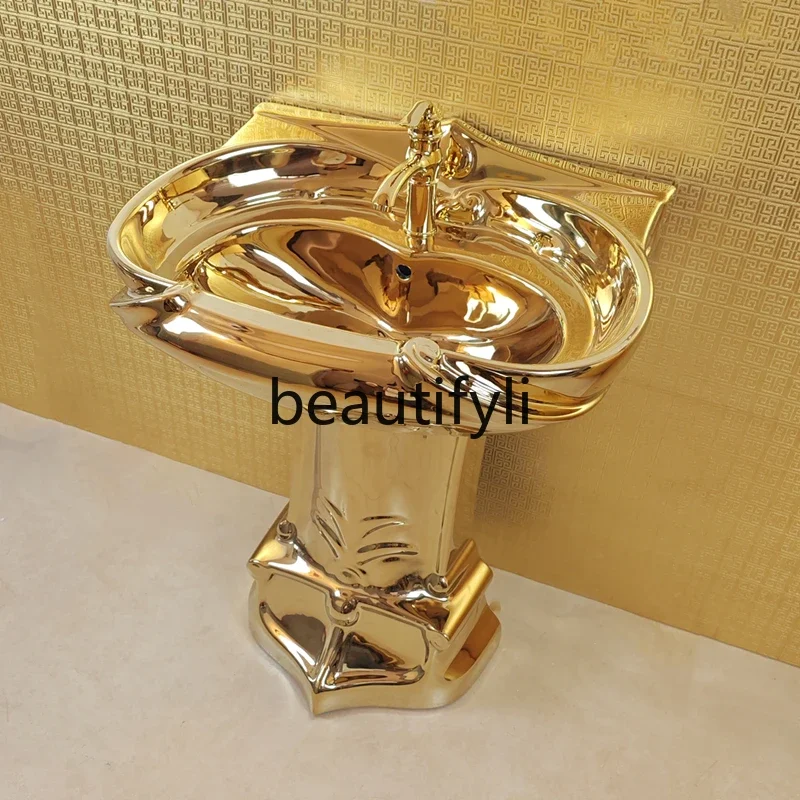 

Gold relief art wash basin Floor-to-ceiling washbasin Ceramic gold wash table