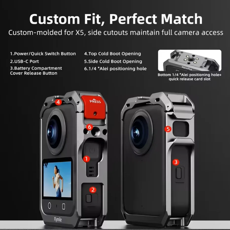 Flymile Metalowa Klatka Ochronna z Stopu Aluminium do DJI Osmo 360, Obudowa Montażowa Kamery Sportowej z Gniazdem Cold Shoe i Gwintami 1/4 cala E — zdjęcie produktu 4