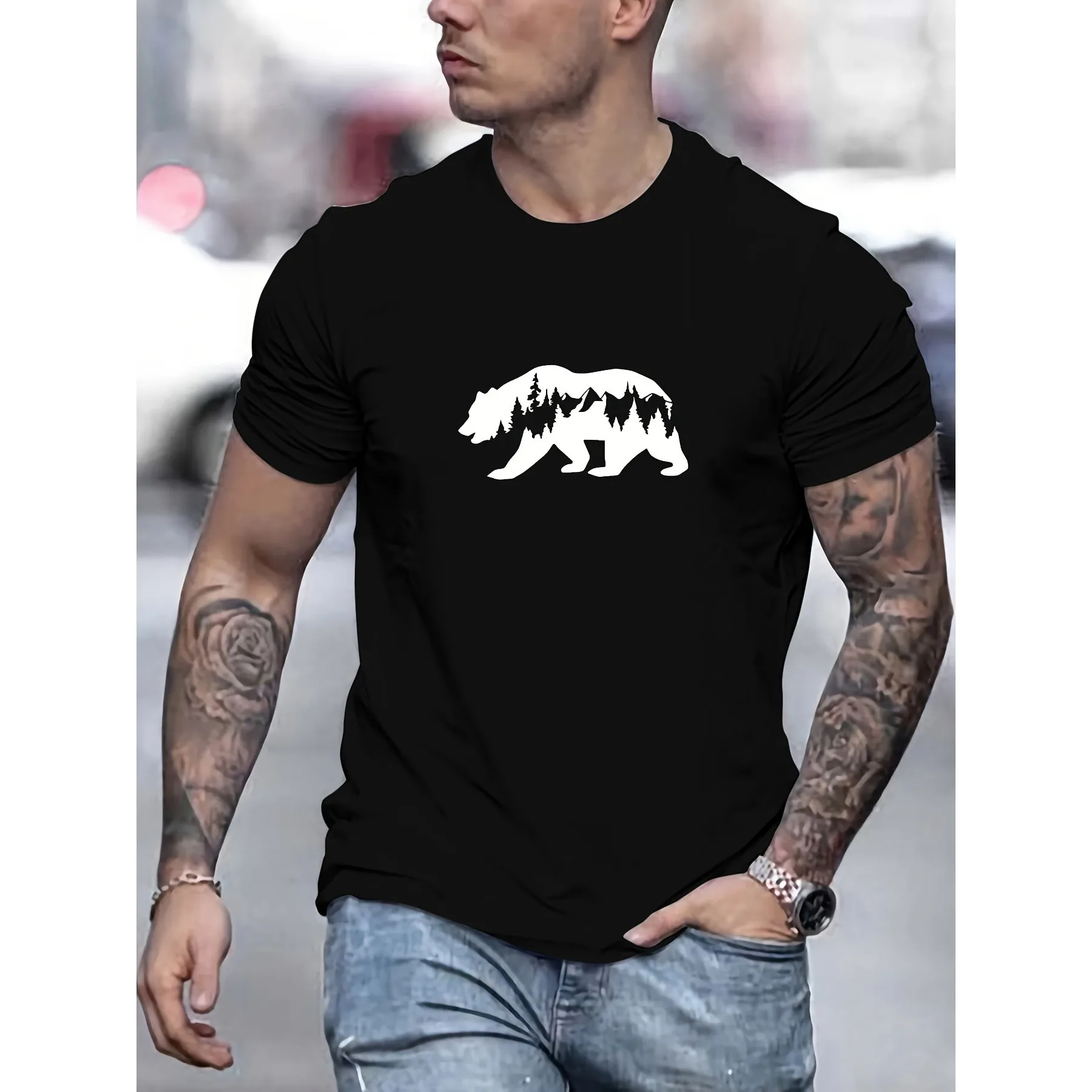 Bear Forest Graphic Tee Men Short Sleeve Crew Neck Casual Cotton T-Shirt Breathable Daily Wear