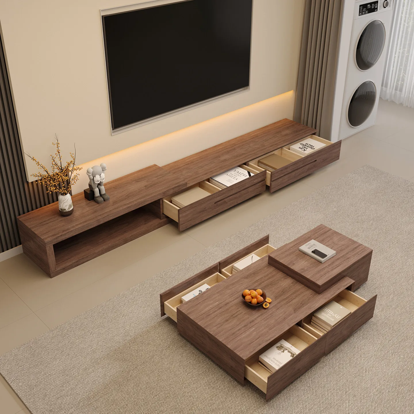 Retractable TV Cabinet Modern Simple Small Apartment Living Room Walnut TV Cabinet Coffee Table Combination Floor Cabinet