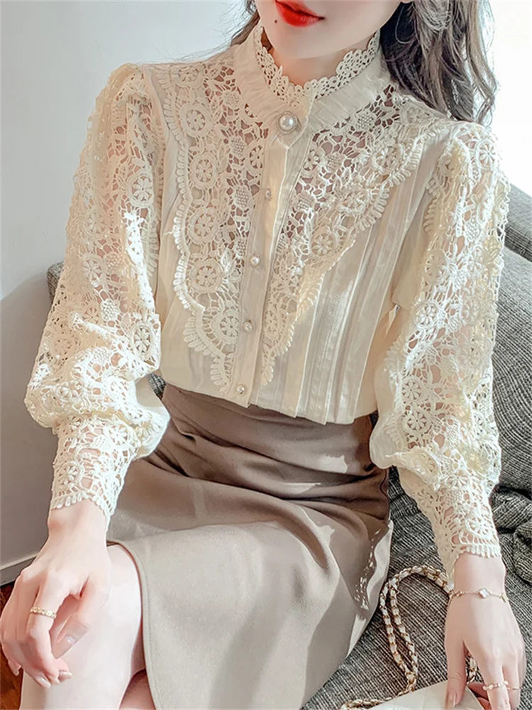 #3241 Black Beige Lace Shirt Women Stand Collar Split Joint Hollow Out Vintage Hollow Out Long Sleeve Shirt Ladies Pearls Button