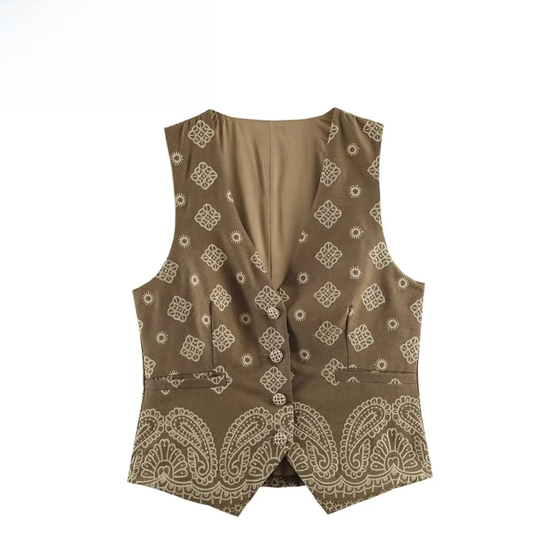 

Модный женский жилет с вышивкой, плотная вышивка, двойные карманы, осенне-зимняя верхняя одежда из полиэстера, V-образный вырез, на пуговицах