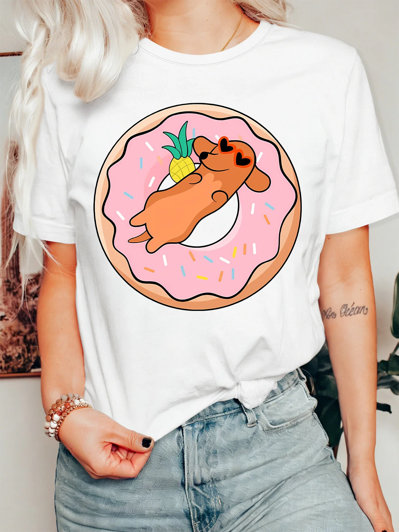 Cartoon Dachshund Donut Design Womens T Shirt Heart Sunglasses Pineapple Pet Graphic Tee Short Sleeve Casual Daily Ladies Tops