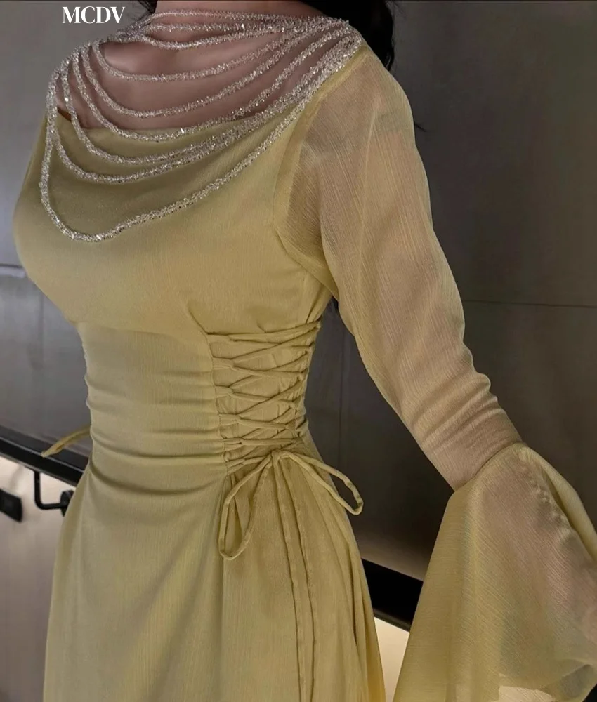 Customized Graceful Chiffon A-Line Off the Shoulder Sequined Beading Evening Dress Delicate Boat Neck Long Sleeves Party Gowns