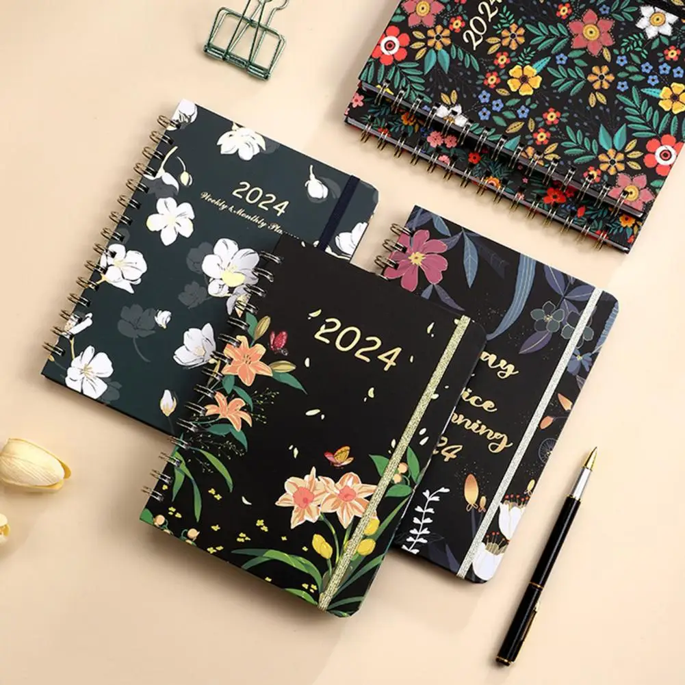 Planificador mensual y semanal para el hogar, cuaderno con diseño de bobina Floral, 2024, para la escuela y la Oficina, 2024