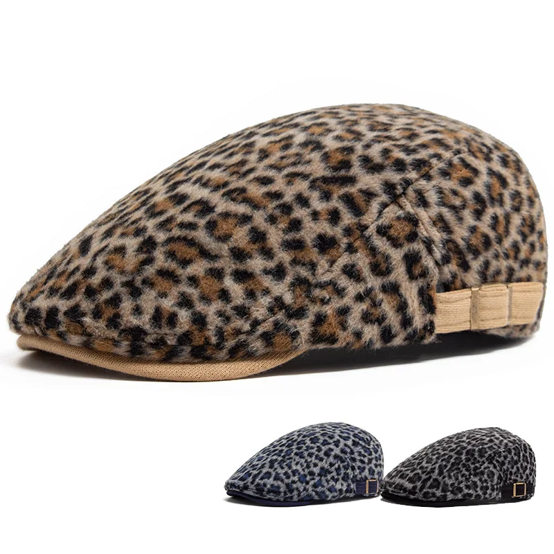 1pc Women Men Leopard Print Flat Cap Faux Fur Newsboy Cap Vintage British Ivy Hat Warm Autumn Winter Casual Driving Beret Cap
