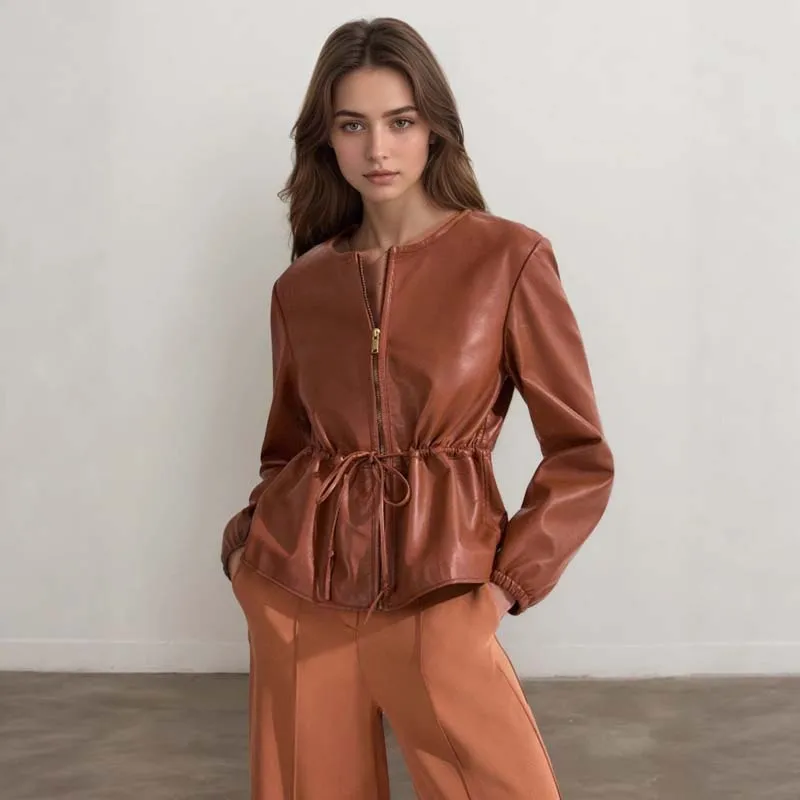 

Fashion Women Long Sleeve Soft Leather Slim Coat Autumn Lace Up Zipper Jacket Office Lady Casual O Neck Solid Color Elegant Coat