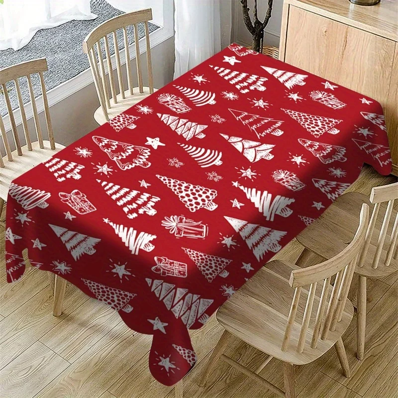 Christmas Fun Red Polyester Tablecloth with Holiday Tree Pattern - Perfect for Holiday Parties