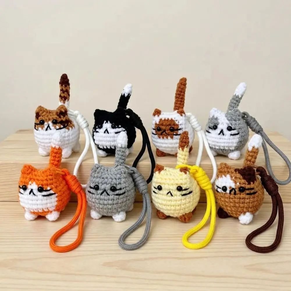 Handwoven Hand Crochet Cat Keychain Soft Cute Braided Strap Knitted Kitten Keyring Multi Color Animal Cat Wrist Carry Charm