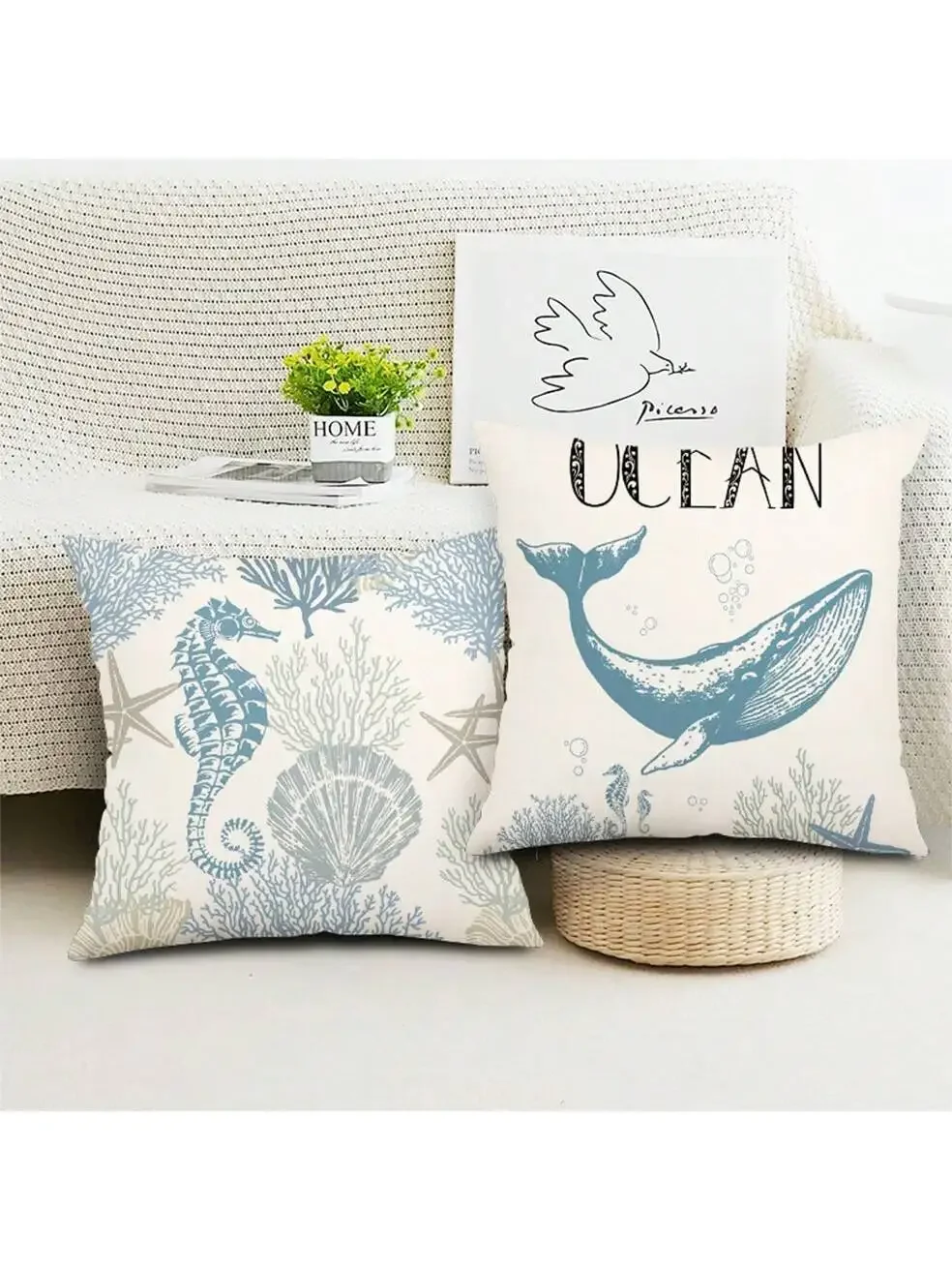 Beach Themed Marine Shell Coral Starfish, Single-sided Burlap Print Pillow Case, Sofa Decorative Pillow Case
