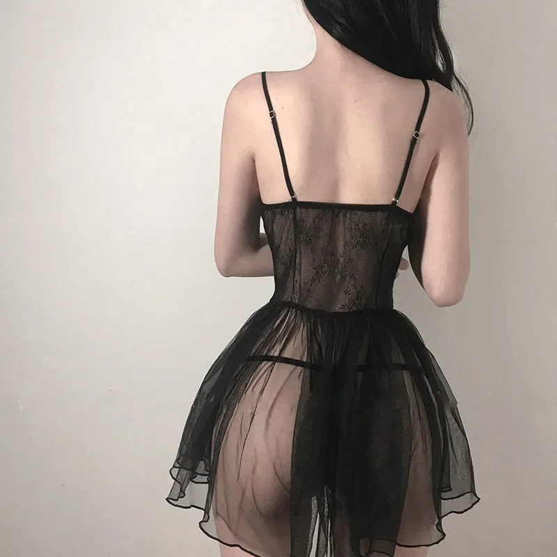 Vestido Sexy de encaje negro para adultos, camisón de muñeca, vestido Delgado Lolita, lencería transparente, uniforme de mucama, conjuntos de pasión