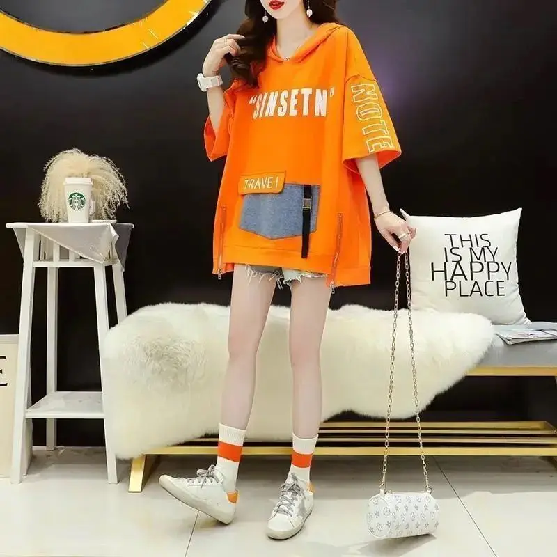 Summer New Harajuku Y2K Hooded Houlder Sleeve V-neck T-Shirts Women Fashion Letter Printing Pullovers Ladies Loose Casual Tops