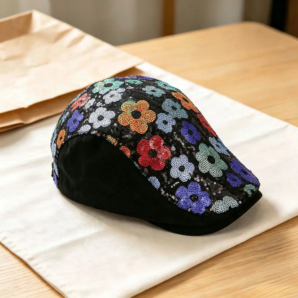 Artistic Ethnic Beret Hat Women Adjustable Newsboy Cap Vintage Sequin Flower Decorative Retro Painter Hat Winter Warm