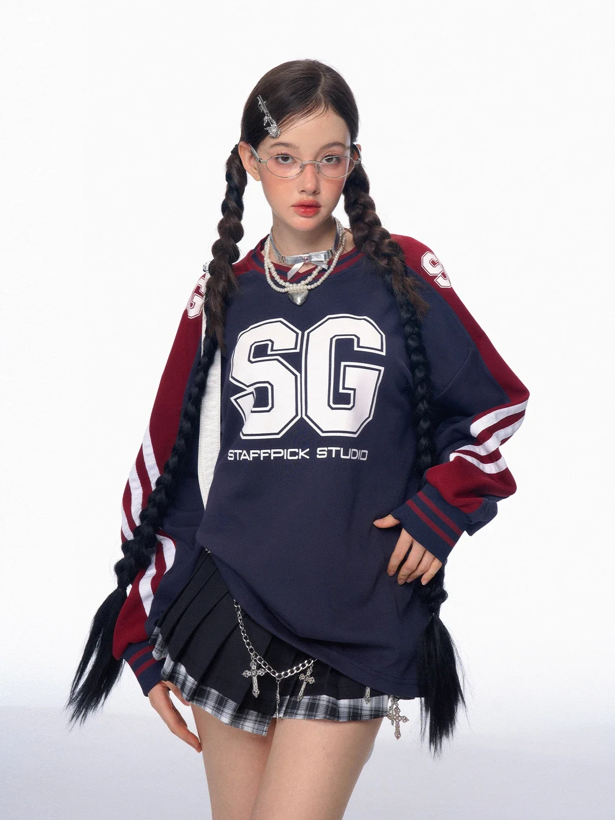 American Retro Color Blocked Sports Tops Long Raglan Sleeves V-neck Sweatshirt Baseball Letter Printed Loose Oversized Pullover