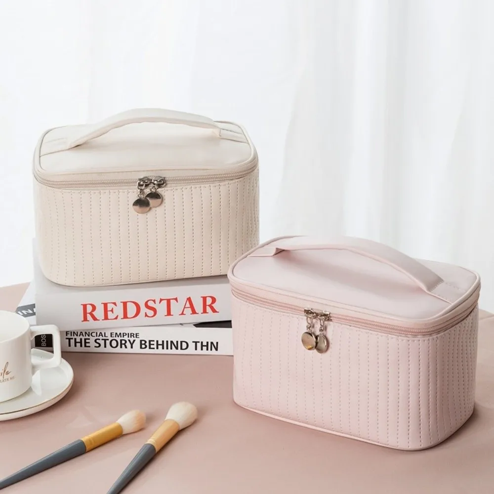Cute Large Capacity Travel Wash Storage Bag PU Leather Zipper Makeup Storage Bag Solid Color Portable Makeup Bag Hotel Stay
