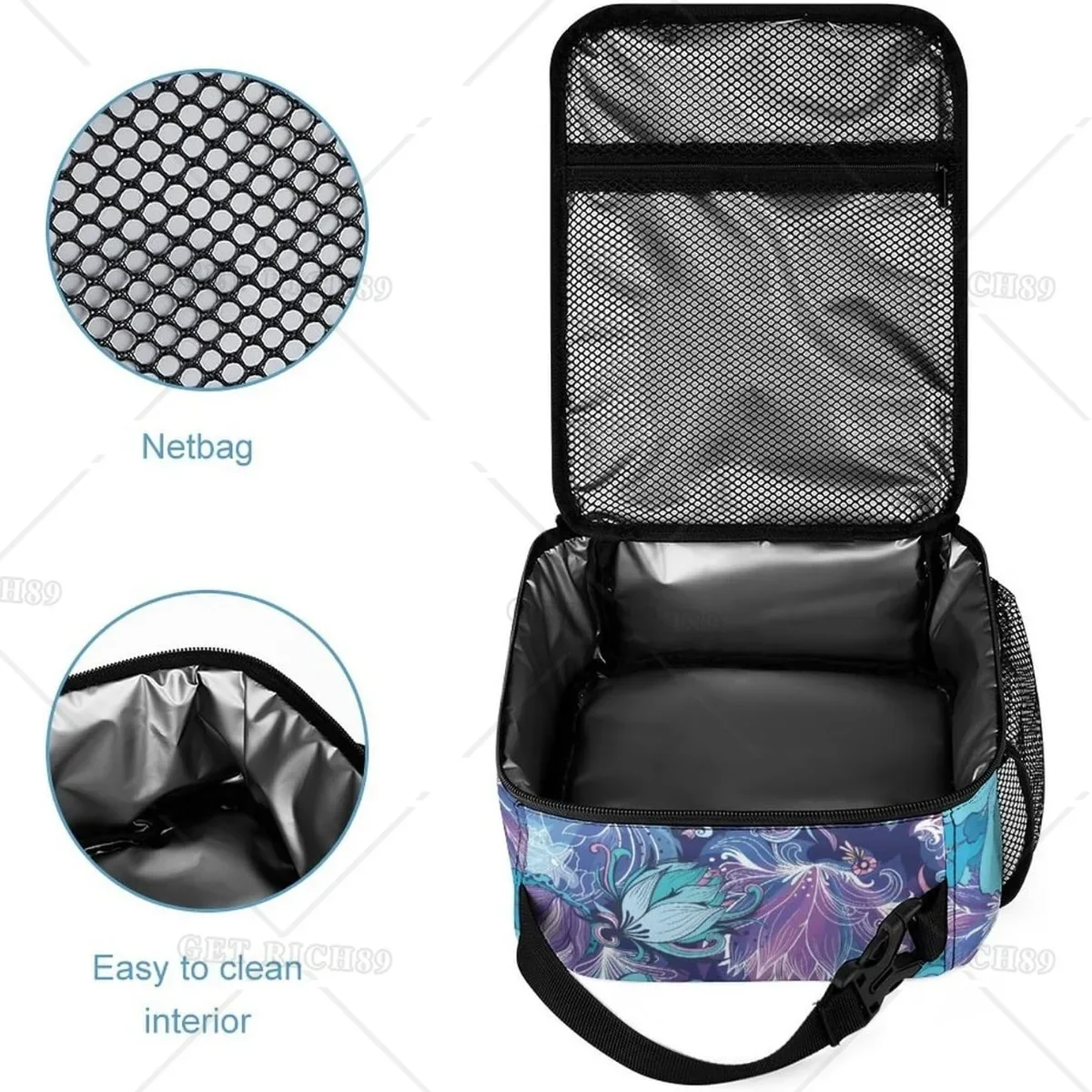 Floral-dark Blue Rectangular Lunch Bag Insulated Portable Lunch Box Tote Bags for Adults Men Women Travel Picnic Office Gifts