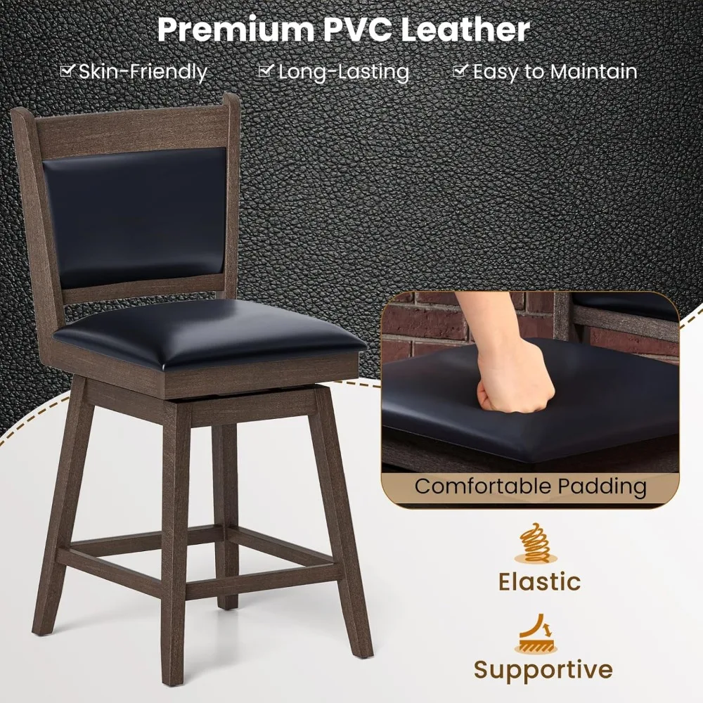 Zestaw 4 tapicerowanych krzeseł barowych obrotowych z ergonomicznym oparciem, podnóżkiem i nogami z drewna kauczukowego, drewno z imitacji skóry