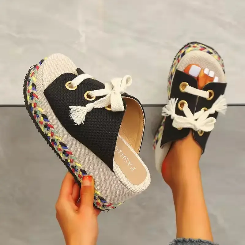 New Summer Women Shoes Lace Up Height Increase Wedge Slippers Woman Plus Size Open Toe Straw Platform Sandals Zapatillas Mujer