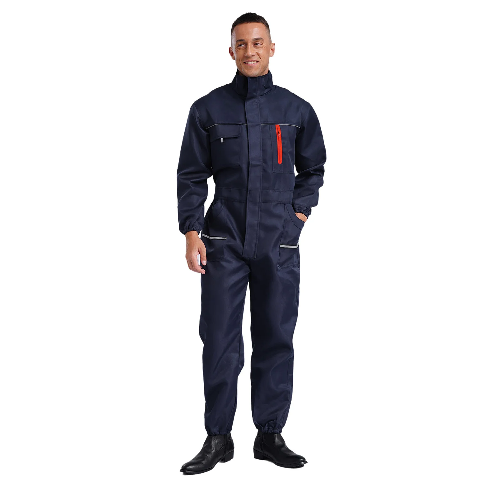 Unisex Adult Men Resistant Coveralls Costume Bodysuit Long Sleeve Multi-pockets Reflective Stripes Jumpsuit Workwear Uniforms