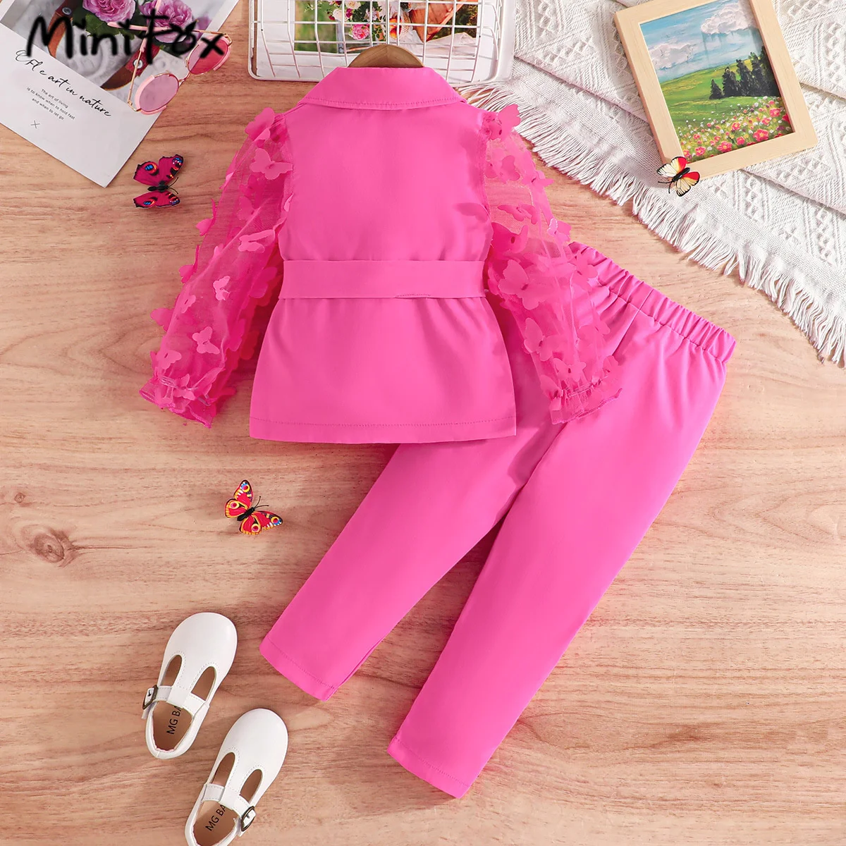 MiniFox Kids Clothes Girls Blazer Outfit Sets Butterfly Sleeve Blazer Top and Beading Pants and Summer Suit Set For Girls