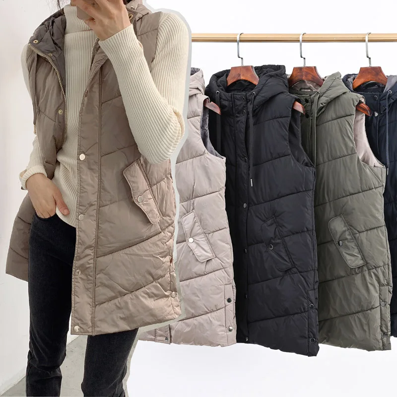 Thickened Medium-Length Hooded Women's Vest Warm Cotton Jacket Windproof Waterproof Snowproof Autumn Winter plus Size