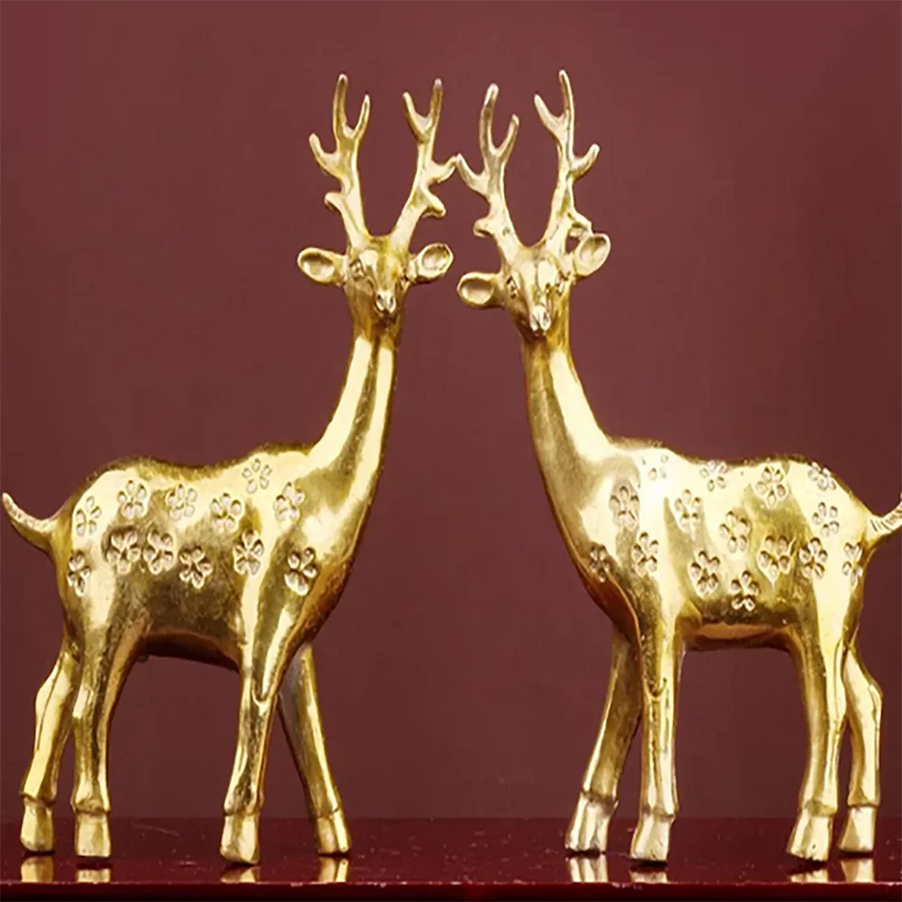 A Pair of Pure Brass Sika Deer for Attracting Wealth, Home Furnishings, Feng Shui, Living Room, Office Decorations and Ornaments