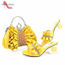 2024 Square Heels New Design Peep Toe Italian Wedding Shoes and Bag Set in Yellow Color Fashion African Slipper For Party