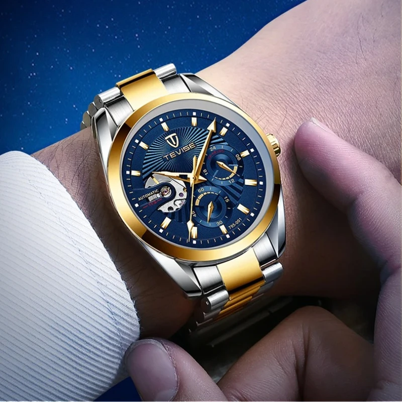 TEVISE 001 Brand Business Men's Automatic Mechanical Watch Stainless Steel Strap Stopwatch Waterproof Fashion Watches for Man