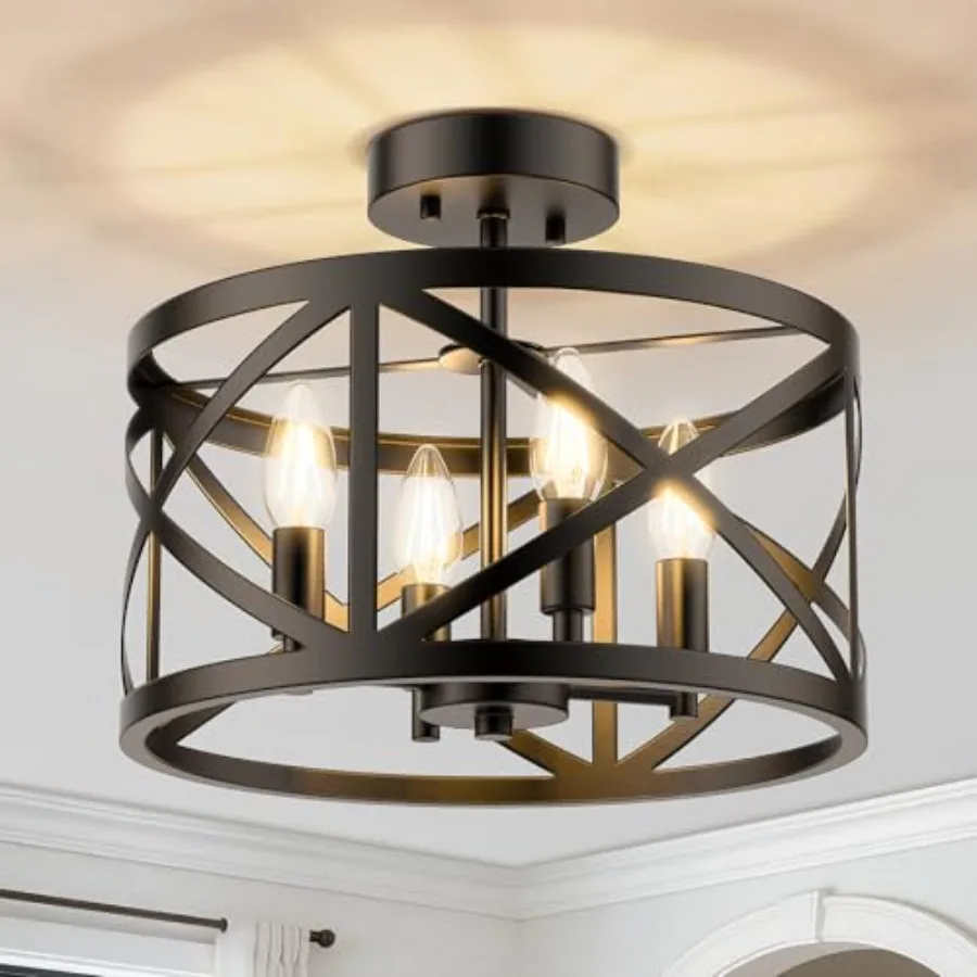 Semi Flush Mount Ceiling Light, 4-Light 12inch Farmhouse Modern Light Fixture with X-Shape Cage, Industrial Rustic Ceiling Lamp
