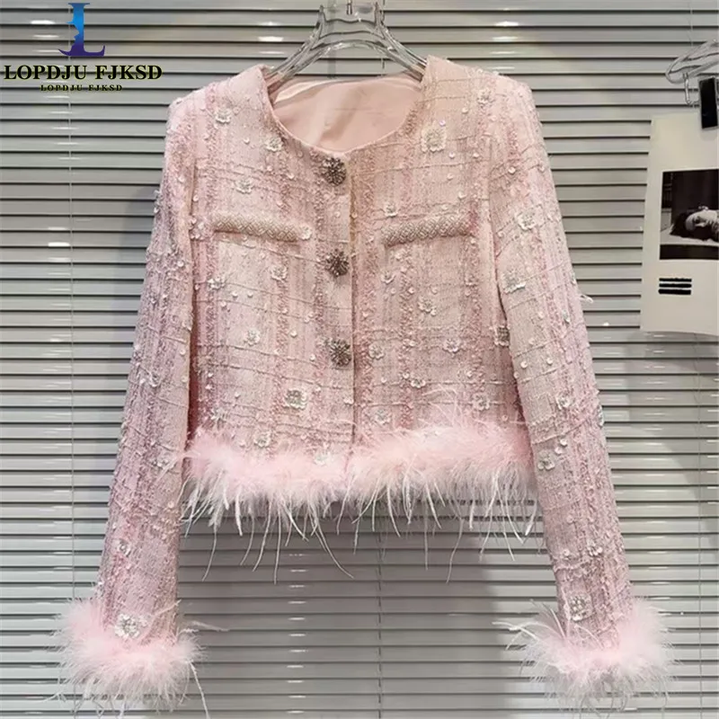 2026 Spring Autumn New Woman Ostrich Haired Nail Bead Single Breasted Jackets,Glitter Coarse Floral Short Coat