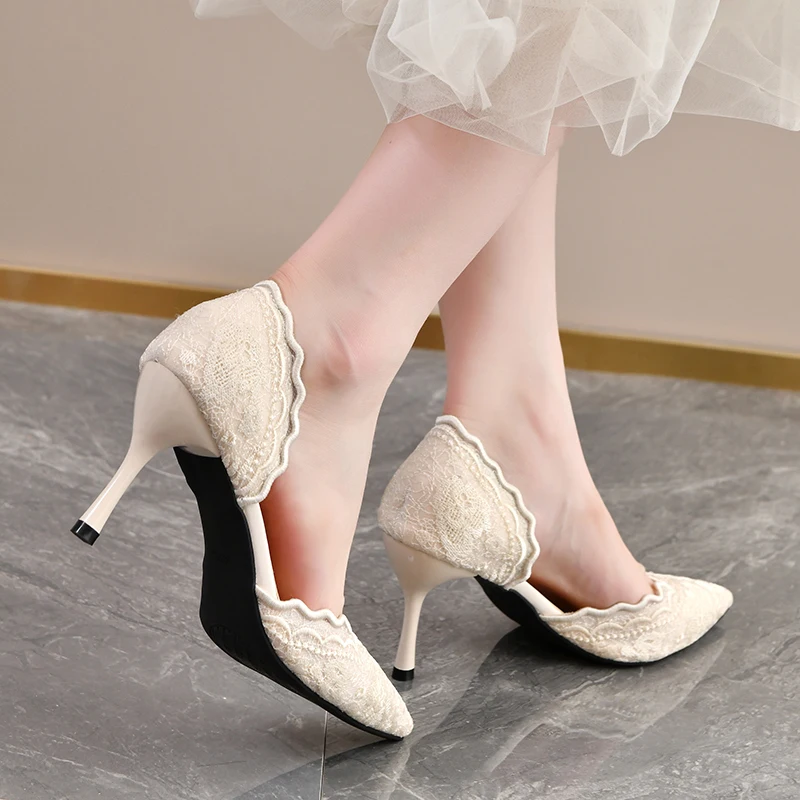 Lace Pointed Toe High Heels Women 2026 New Beautiful Stiletto French Hollow Single Shoes - view 3
