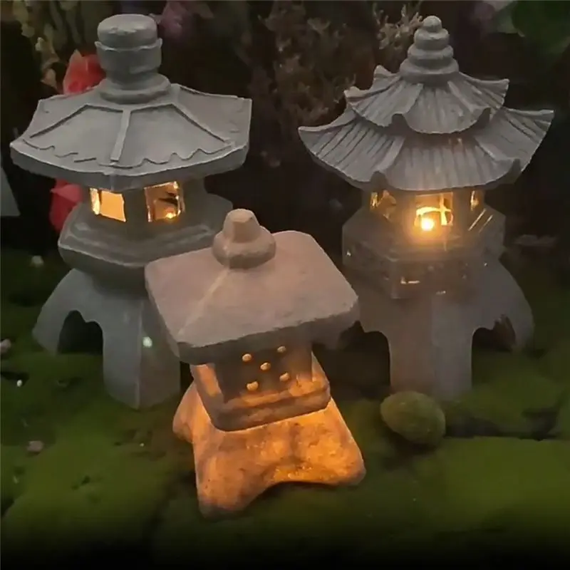 A27F-Garden Accessory Ornament Solar Powered Resin Pagoda Lantern Palace Lanterns Tower Statue Solar Lamp Garden Decor B Easy To