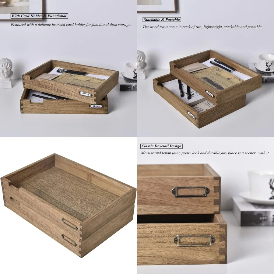 علبة مكتب خشبية قابلة للتكديس لتنظيم الحروف المكتبية مكونة من قطعتين - منظم مكتبي من طبقتين مع حامل بطاقة ملصق معدني لـ Effi #1