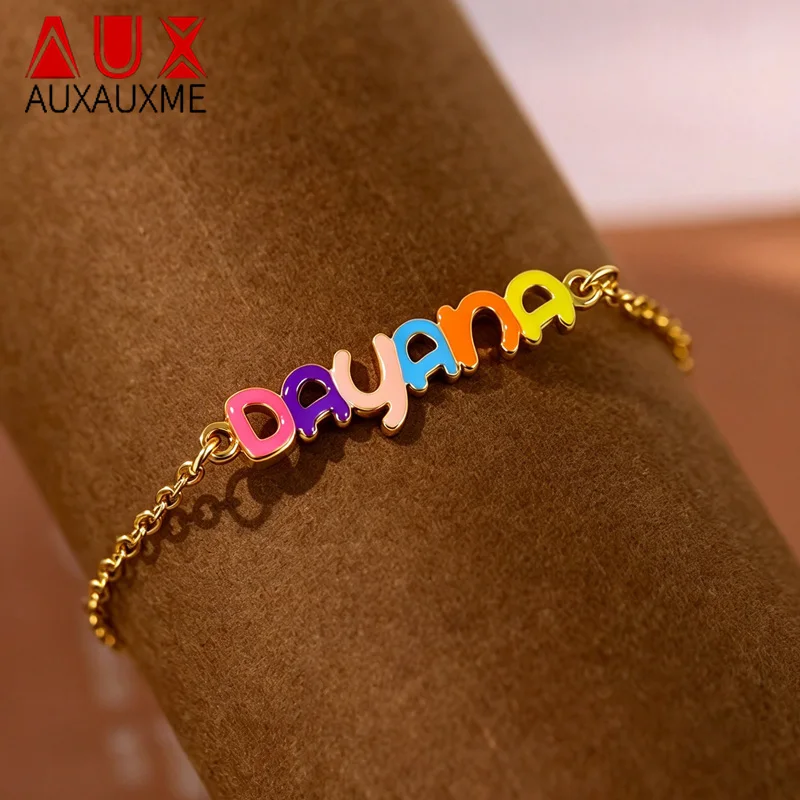 Auxauxme Custom Colorful Name Bracelet for Women Stainless Steel Personalized Rainbow Color Enamel Letters Bracelet Jewelry Gift