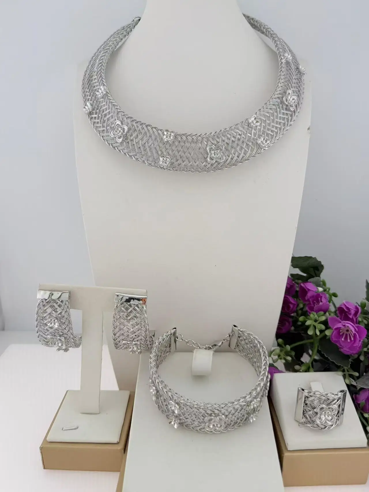 New In Stylish 4PCS Silver Plated Crinkle Jewelry Set Irregular Textured Necklace Earrings Bracelet Ring for Women Party Wedding