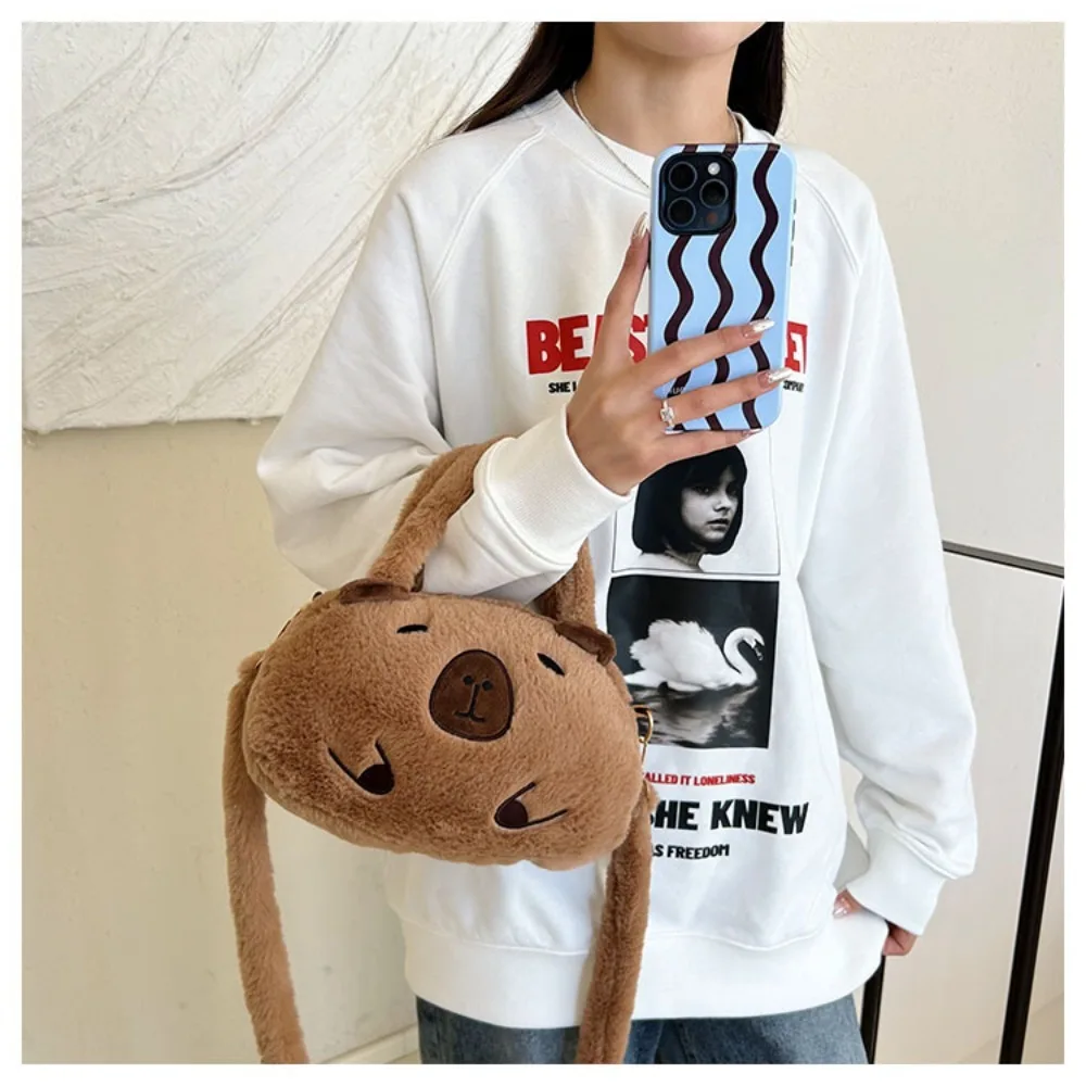 Large Capacity Capybara Plush Handbag Animal Stuffed Capybara Crossbody Bag Cute Cotton Cartoon Shoulder Bag Kids Birthday Gift