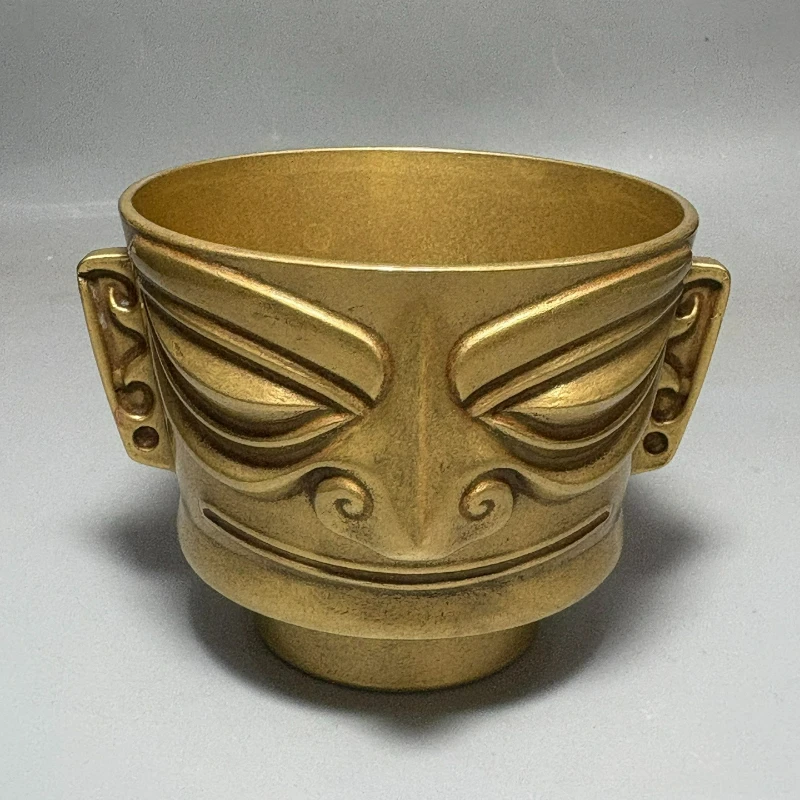 Antique Sanxingdui Inspired Brass Cup, Handcrafted Bronze Sacrificial Vessel Replica, Traditional Chinese Artifact Collection