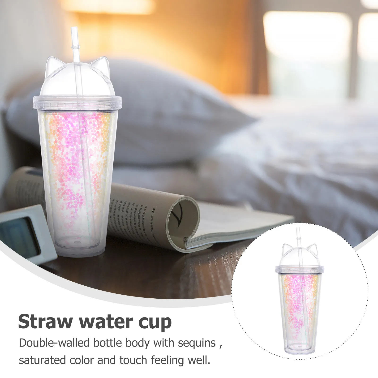 1Pcs Cat Ear Shape Double Layer Sequin Water Cup 420Ml Double-Walled Straw Plastic Bottle Travel Home Office Straw Water Cup